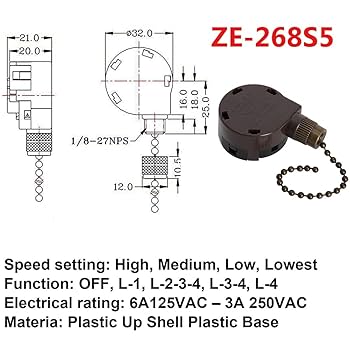 Panchan☆  Ceiling Fan Switch Zing Ear ZE-268S5, 4 Speed 5 Wire Switch